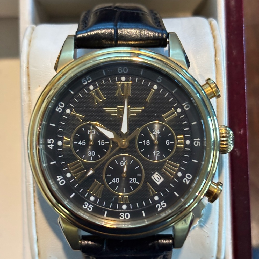 Invicta IBI90242-003 Chronograph Men’s Watch Gold Tone Black Dial, Leather Strap